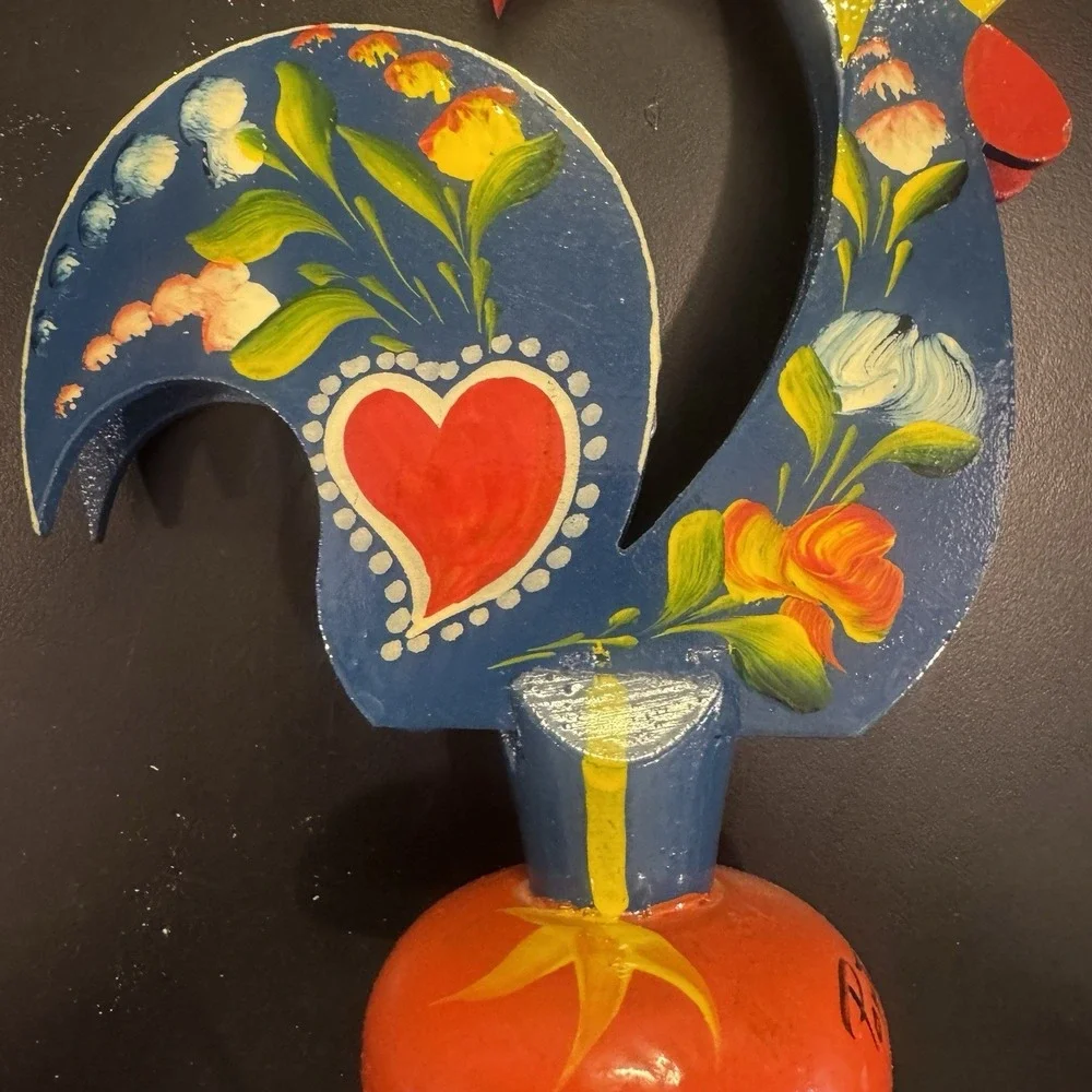Portugal Painted Folk Art Wooden Rooster Letter Holder Wood Bird Portuguese 7.5